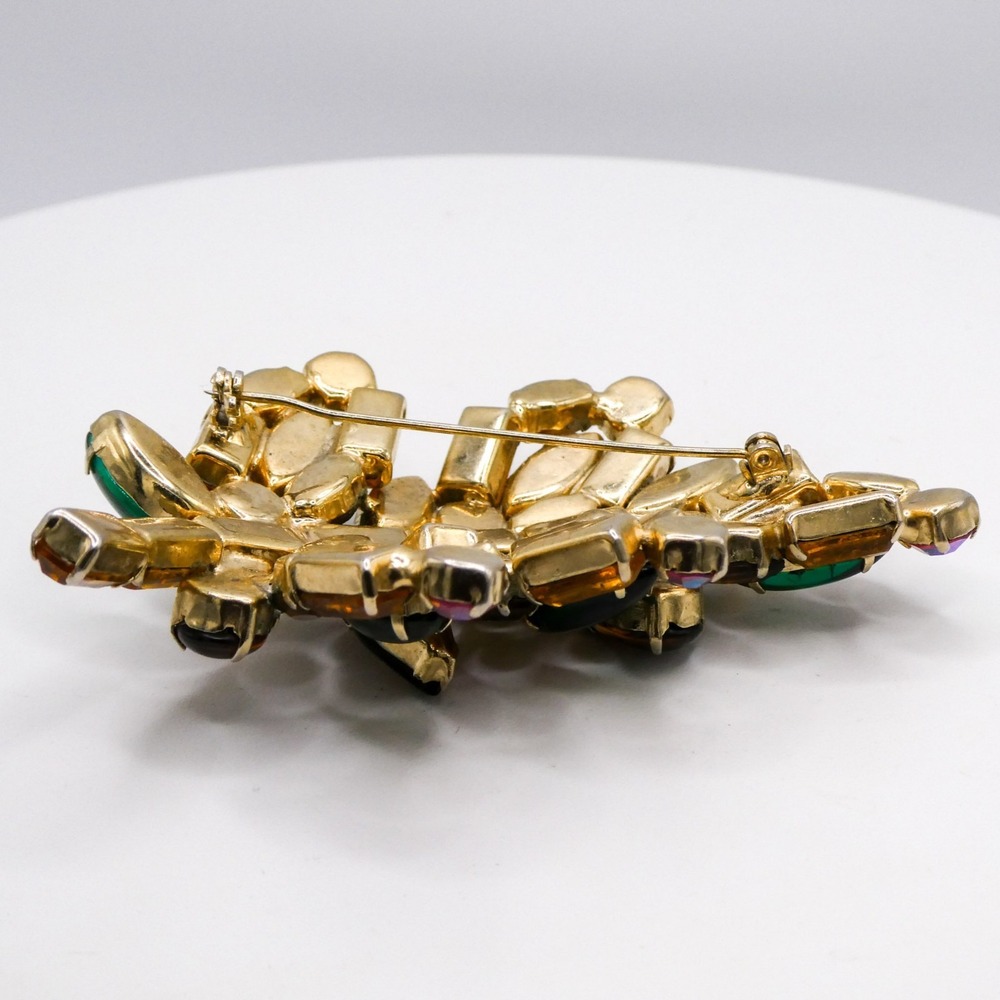 Vintage Rhinestone Leaf Extra Large 3.3" Gold & Green Statement Brooch Pin - Picture 11 of 12